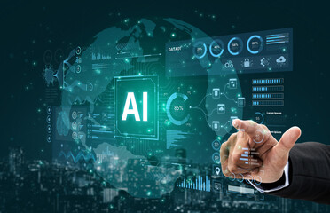 A futuristic AI dashboard for business intelligence. This platform showcases advanced data analytics, processing complex information into visual charts and graphs for strategic insights. Fermion