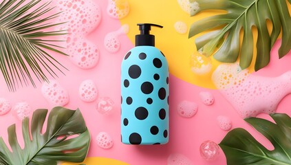 Playful blue bottle with black dots framed by tropical leaves and suds.