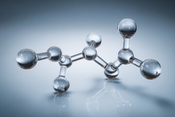 Transparent glass molecular structure showcasing a five atom arrangement on a reflective surface, designed for educational purposes, with an emphasis on molecular chemistry and structure