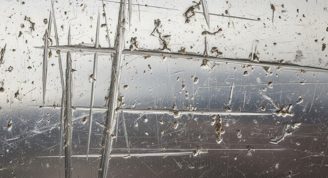 Heavily damaged metallic surface exhibits deep scratches and accumulated debris