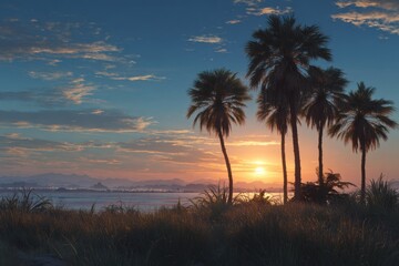 Obraz premium Stunning sunset over a tropical coast with palm trees silhouetted against the colorful sky