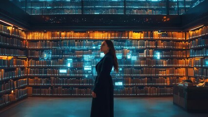 Explore a modern library filled with glowing books and futuristic technology at dusk - Powered by Adobe