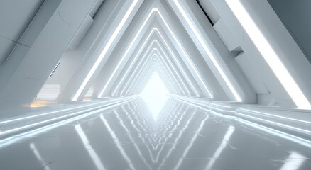 Obraz premium Futuristic corridor with triangular light frames leading to a bright source