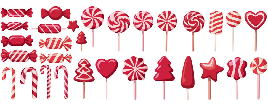 Christmas Candy Stock Vectors and Festive Sweet Treats Collection with Lollipops, Candy Canes, Wooden Props and Holiday Elements Isolated on White Background, Various Christmas Candys