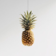 Pineapple hangs against off-white backdrop, lit softly with a minimalist feel