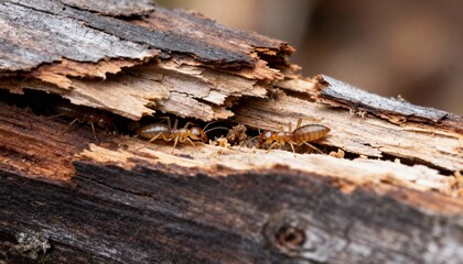 Fototapeta premium Close-up view of three light-colored termites emerging from decaying wood, revealing their subterranean activity, macro photo.
