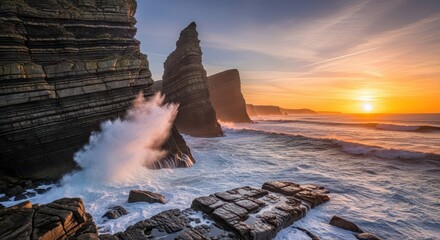 Dramatic ocean waves crash against towering layered sea cliffs during a vibrant sunset