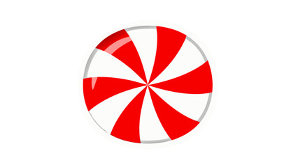 Round Red and White Swirl Candy Close Up Isolated on Black Background with Bright Reflections and White Outline