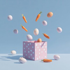 Eggs & carrots float above polka-dot box against soft blue backdrop in studio
