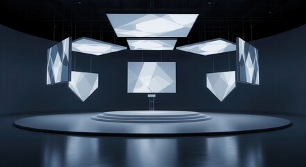 Modern presentation stage features multiple suspended geometric screens above a circular platform