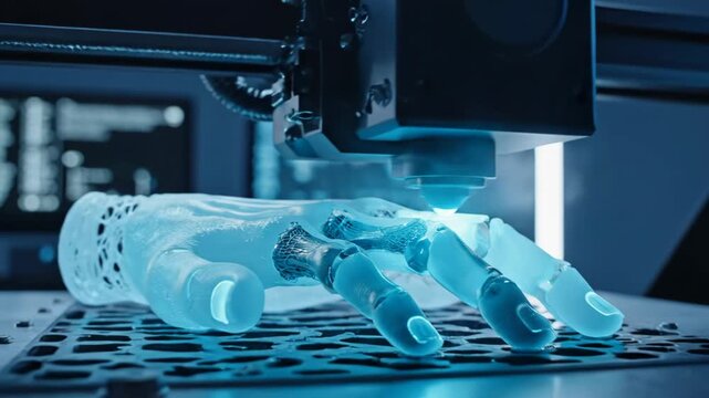Closeup of a 3d printer creating a translucent prosthetic or bionic human hand in a futuristic laboratory setting