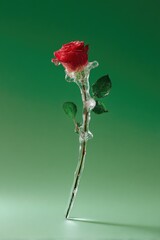 Rose frozen in ice, petals are a deep red, against a solid green background
