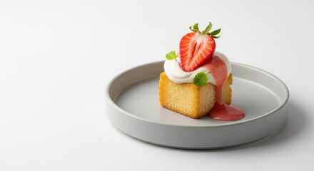 Square piece of sponge cake topped with cream, sliced strawberry, and sauce on a contemporary plate
