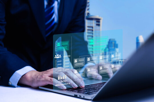 Businessman using people icon concept of development, data exchange, customer service, training, leadership, resources, policy, suggestions, professional team, recruitment, digital technology - Powered by Adobe