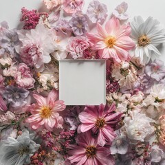 Floral frame square blank card surrounded by pink, lilac, and white blooms