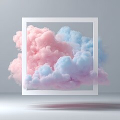 Abstract pink and blue clouds inside a white square frame on a gradient backdrop