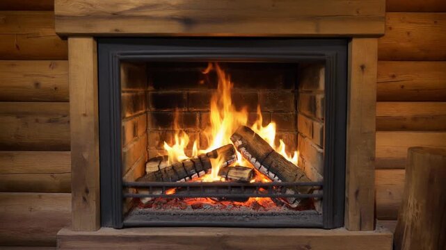 Close-up of bright orange flames burning logs in a rustic fireplace, creating a warm mood inside a log cabin.