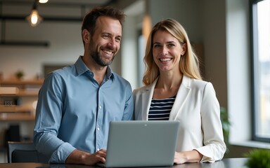 Fototapeta premium Two middle age business workers smiling happy and confident. Standing with smile on face working together using laptop at the office. High quality