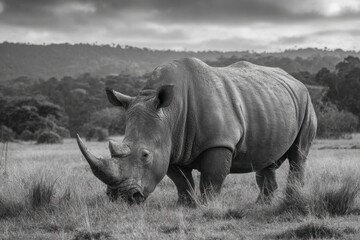 Obraz premium Southern White Rhino grazes peacefully in natural habitat during a calm afternoon at Pejeta Conservancy in Kenya