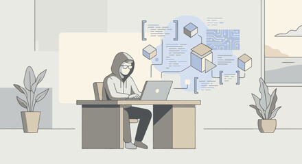 “Software engineer typing on a laptop surrounded by clean abstract code elements, flat design, soft neutral colors, minimal tech environment.”