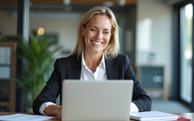 Cheerful smiling business woman working with laptop computer while sitting at the desk in modern office. Middle aged female lawyer or auditor at work. Business people concept. High quality