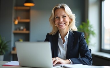 Cheerful smiling business woman working with laptop computer while sitting at the desk in modern office. Middle aged female lawyer or auditor at work. Business people concept. High quality
