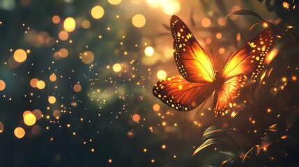 A glowing butterfly on a green leaf with a bokeh background of lights.