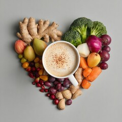 Heart-shaped layout of fruits, veggies, nuts around coffee cup on grey backdrop