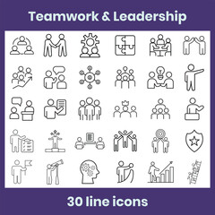 Clean line icons showing teamwork, leadership, collaboration, support, and strategy. Perfect for business apps, websites, presentations, and UI design projects.