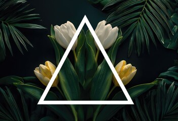 Symmetrical floral & leaf arrangement framed with a white triangle shape