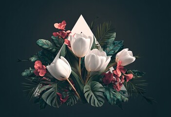 Lush floral arrangement with white tulips framed by a triangle against dark backdrop