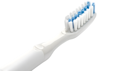 Close up of a white electric toothbrush head with blue and white bristles for dental care