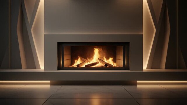 Modern fireplace with burning logs and geometric led lighting, creating a warm, cozy ambiance in a luxury room.