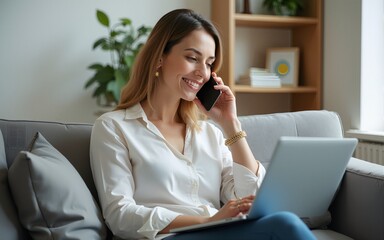Managing her business from home. An attractive middle aged woman using her cell phone and making call while sitting on sofa with laptop and working from home office. High quality