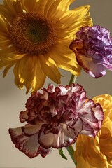 Bright sunflowers and carnations bloom in close-up, bathed in warm, natural light