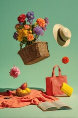 Playful still life with floating items against a bright turquoise backdrop