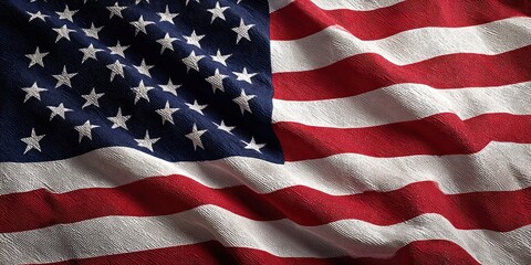 Waving American flag, red and white stripes, white stars on blue canton