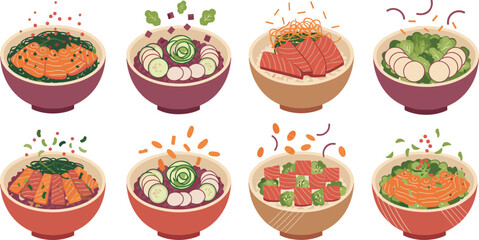 Authentic Japanese Cuisine, Delicious Asian Poke Bowls, Traditional Donburi, and Modern Sashimi Rice Dishes, Vector Illustration Set for Menu Design, Healthy Eating,