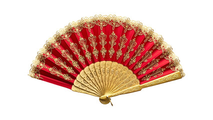 Red hand fan with intricate gold trim isolated on white background