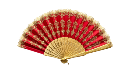 Red hand fan with intricate gold trim isolated on white background