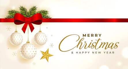 Clean and elegant Christmas digital artwork featuring golden ornaments, festive ribbon and sparkling snowfall, ideal for printable designs, cards and wall displays