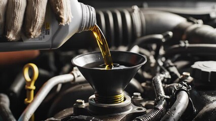 Closeup of a gloved hand pouring fresh golden engine oil into a car motor through a black funnel during maintenance - Powered by Adobe