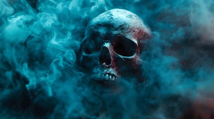 A human skull emerges from a swirl of blue and red smoke, creating an eerie and atmospheric image.