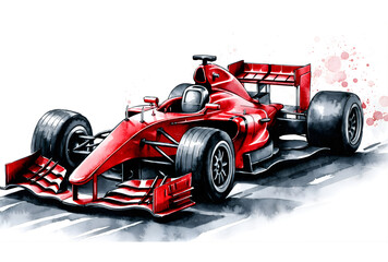 Red Formula 1 Watercolor Car &ndash; Dynamic Angled Front Racing Illustration