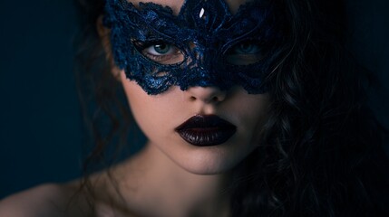 Fototapeta premium A mysterious woman wearing an elegant Venetian masquerade mask, adorned w/ gemstones, cinematic lighting, dark fantasy atmosphere