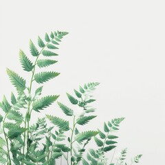 Delicate fern fronds gently curve on a stark white background