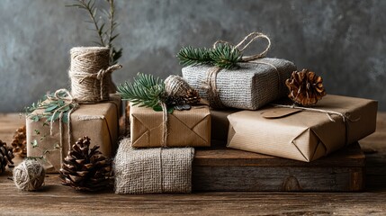 Naklejka premium Eco-friendly christmas gifts in kraft paper on wooden table, zero waste holiday packaging, sustainable festive decor concept