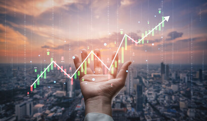 A stock market trading candlestick chart showing a bull market trend. A concept of financial investment with technical analysis and trading signals. Motif