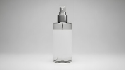 Clear Glass Spray Bottle Mockup with Silver Pump and Blank White Label on a White Background, for Cosmetic and Pharmaceutical Branding