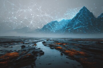 A futuristic landscape with geometric shapes and digital structures merging with natural elements creates a stunning, imaginative scene during twilight